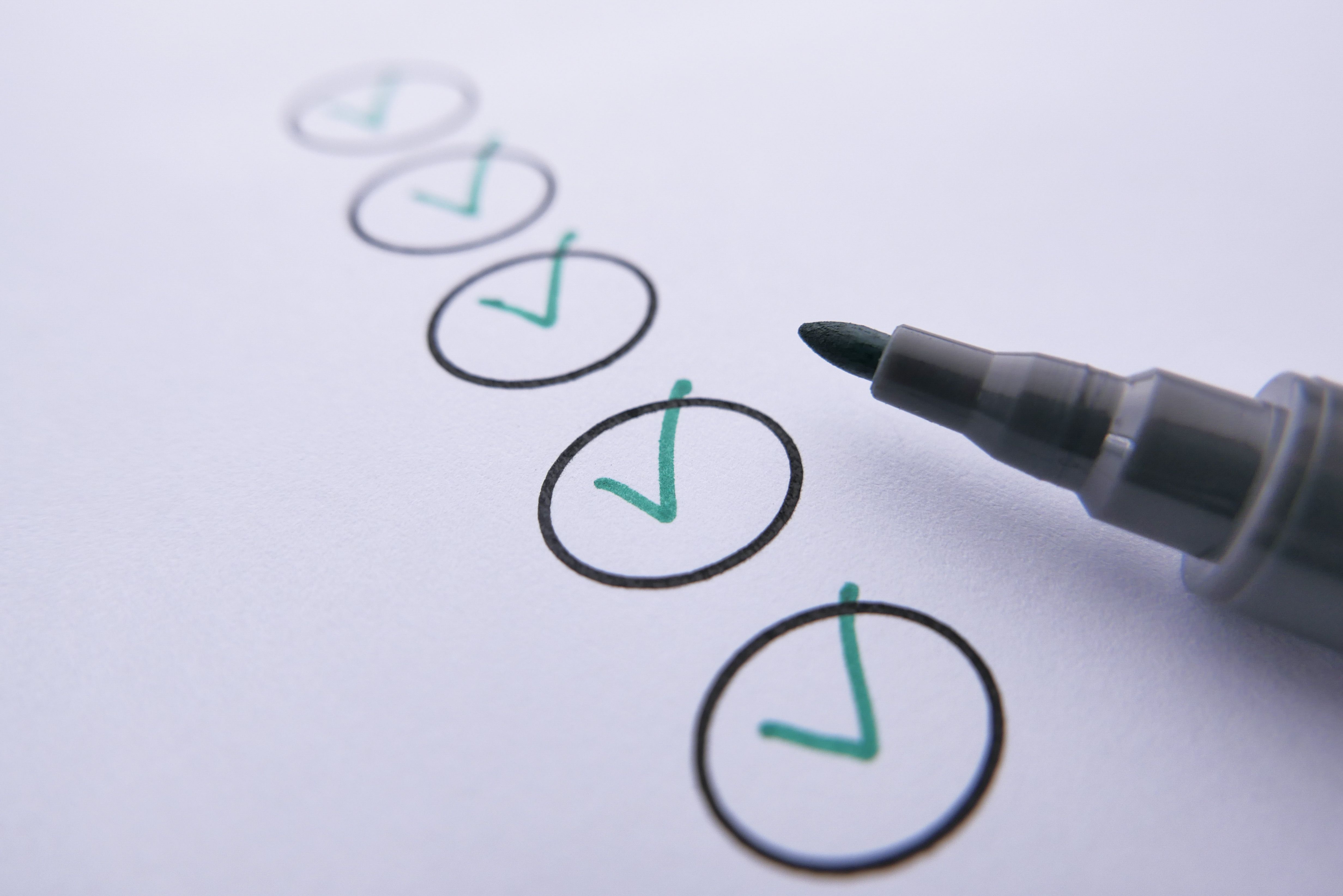 green checkmarks inside circles on a page, with a felt marker next to the bottom checkmark